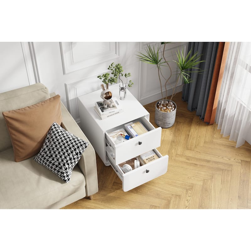 Night Stand Wooden End Table, Bedside Furniture Bedside聽Table with 2 Circular Handle Drawers, Nightstand Steel Frame Cabinet