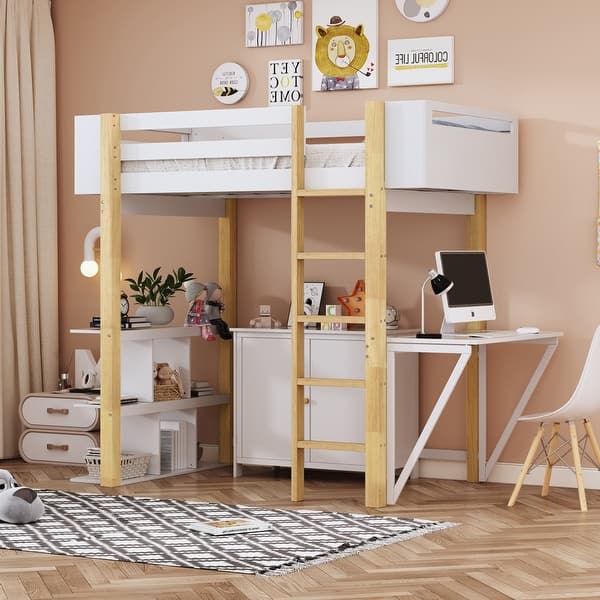 slide 2 of 18, Twin Size Wood Loft Bed With Built-in Storage Cabinet and Cubes, Foldable desk, White White