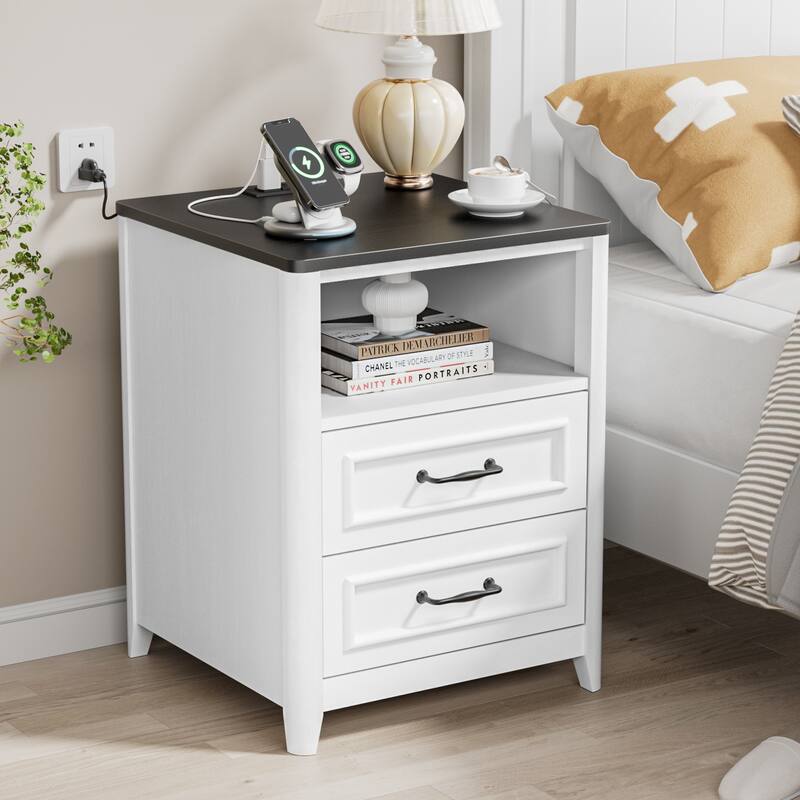 Anmytek Modern 2-Drawer Nightstand with Charging Station Wood Side Table for Bedroom