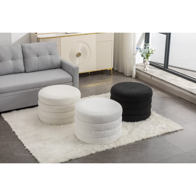 Round Storage Ottoman Footstool, Boucle Fabric Upholstered Vanity Stool, Small Ottomans Table with Removable Lid