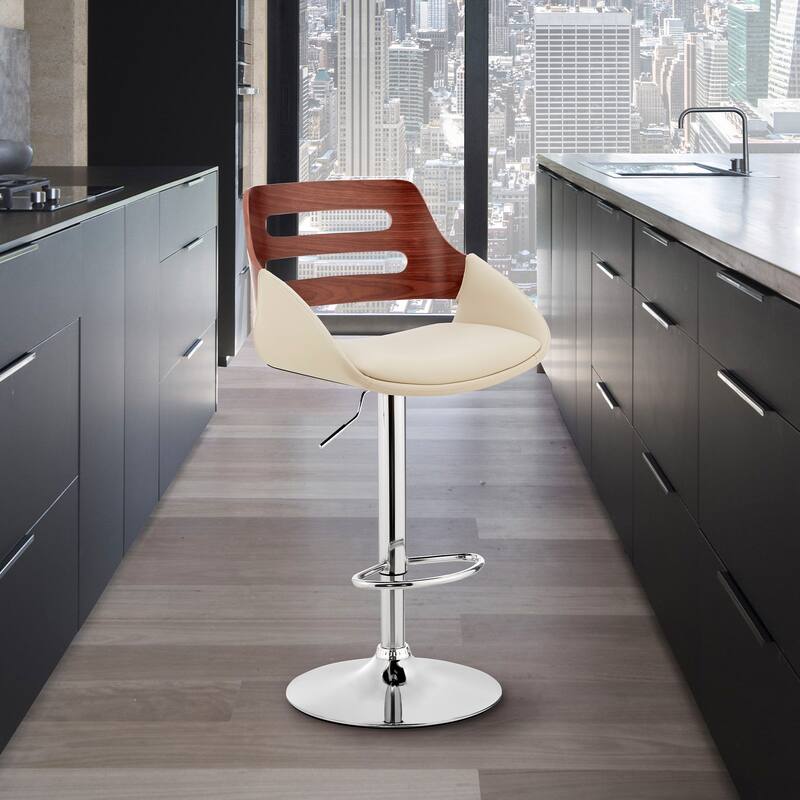 Karter Faux Leather and Wood Adjustable Swivel Bar Stool - Cream, Walnut and Chrome