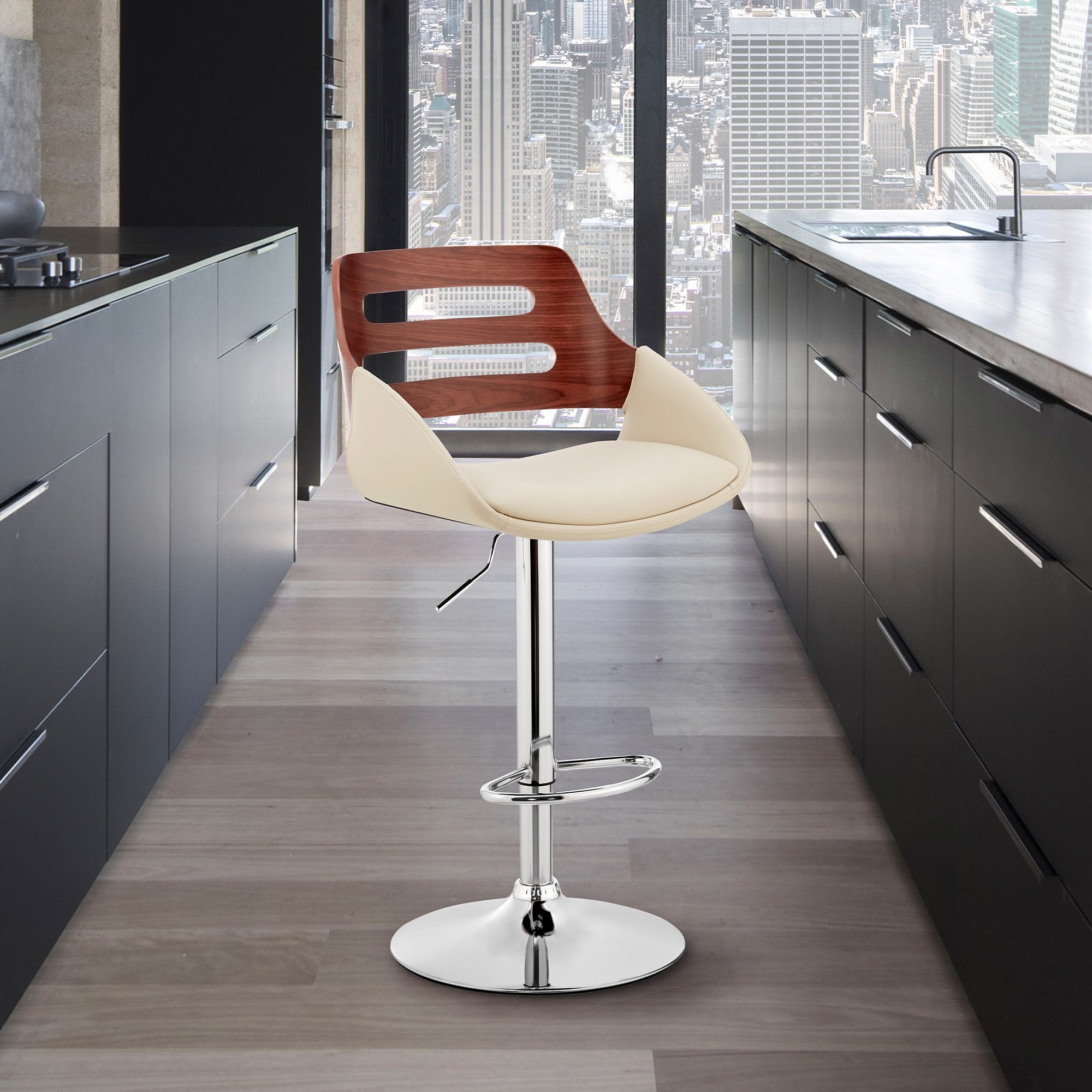 Karter Faux Leather and Wood Adjustable Swivel Bar Stool