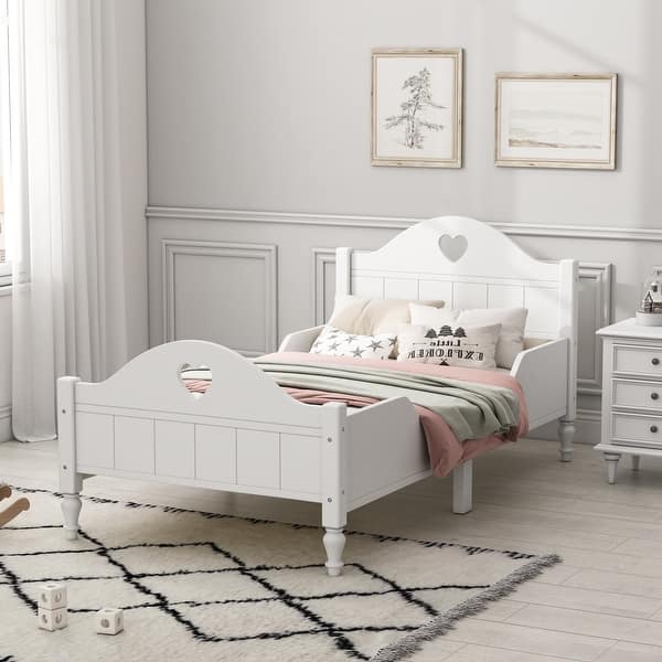 slide 2 of 28, Macaron Twin Size Toddler Bed w/ Side Safety Rails, Headboard Upholstered Platform Bed Frame for Kids, Teens, Girls, Boys White
