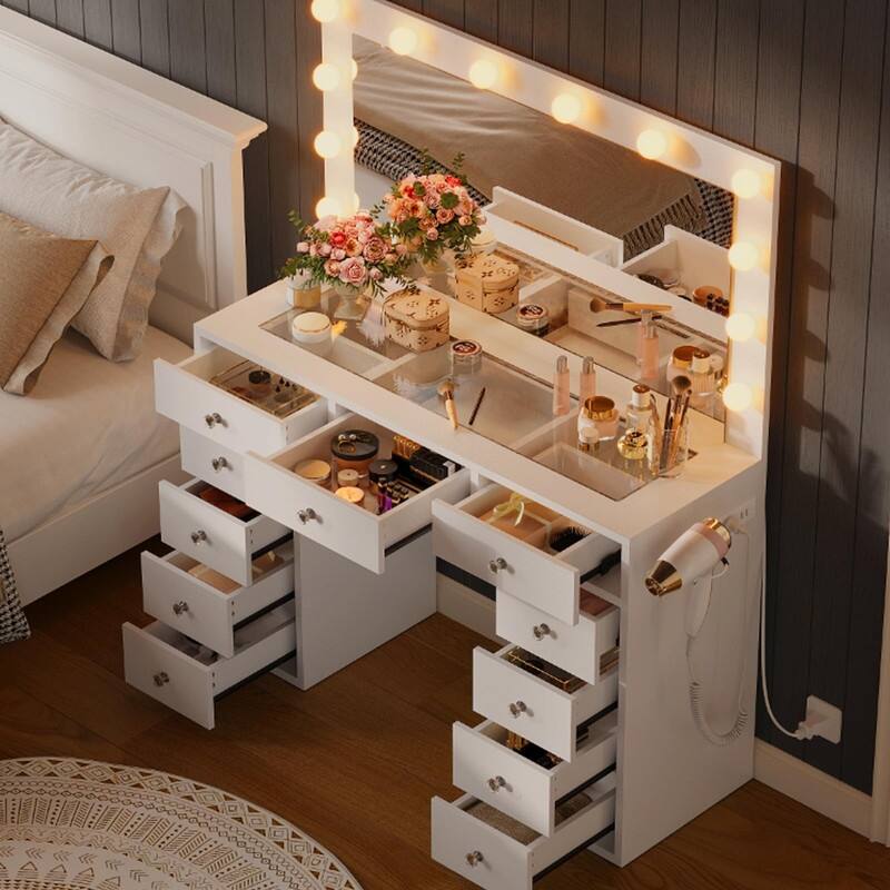 White Vanity with LED Mirror, 11 Drawers, Glass Top & Charging Station