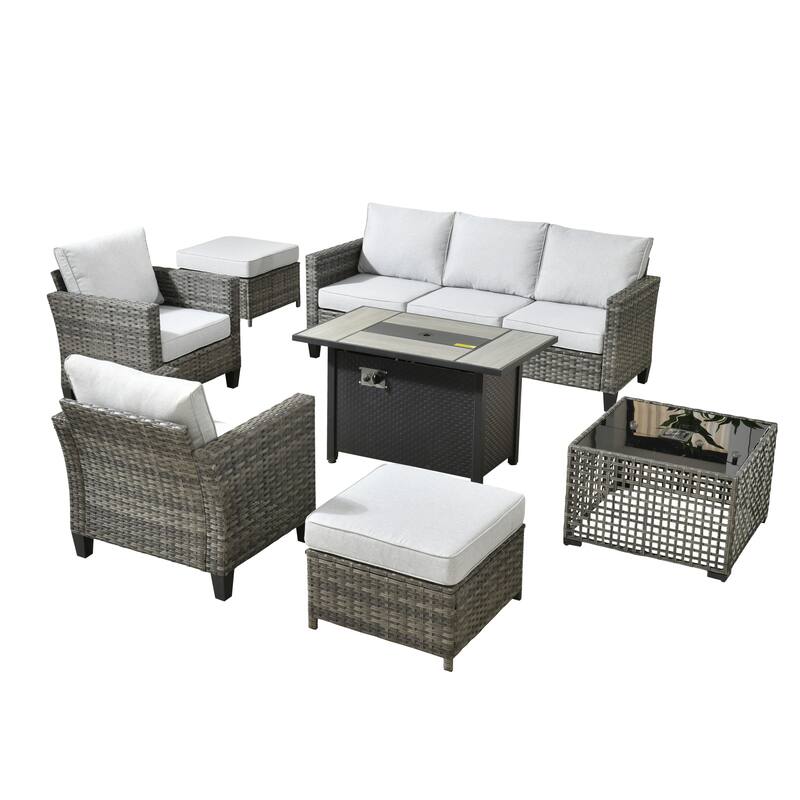 HOOOWOOO 7-piece Patio Furniture Wicker Sofa Conversation Set Fire Pit Table