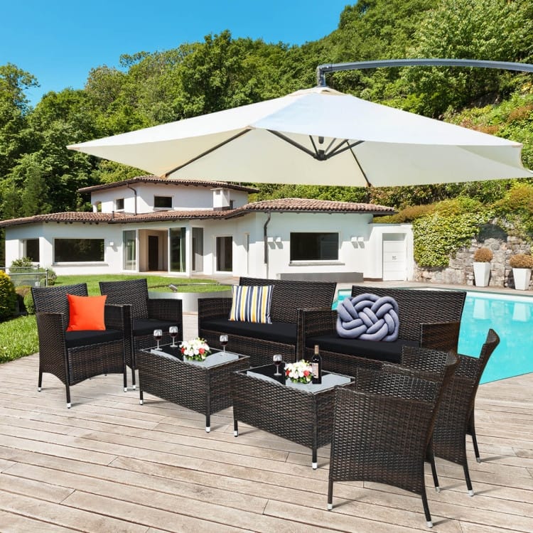 Rattan Patio Conversation Furniture Set with Glass Table and Comfortable Sofa - 4 Pcs