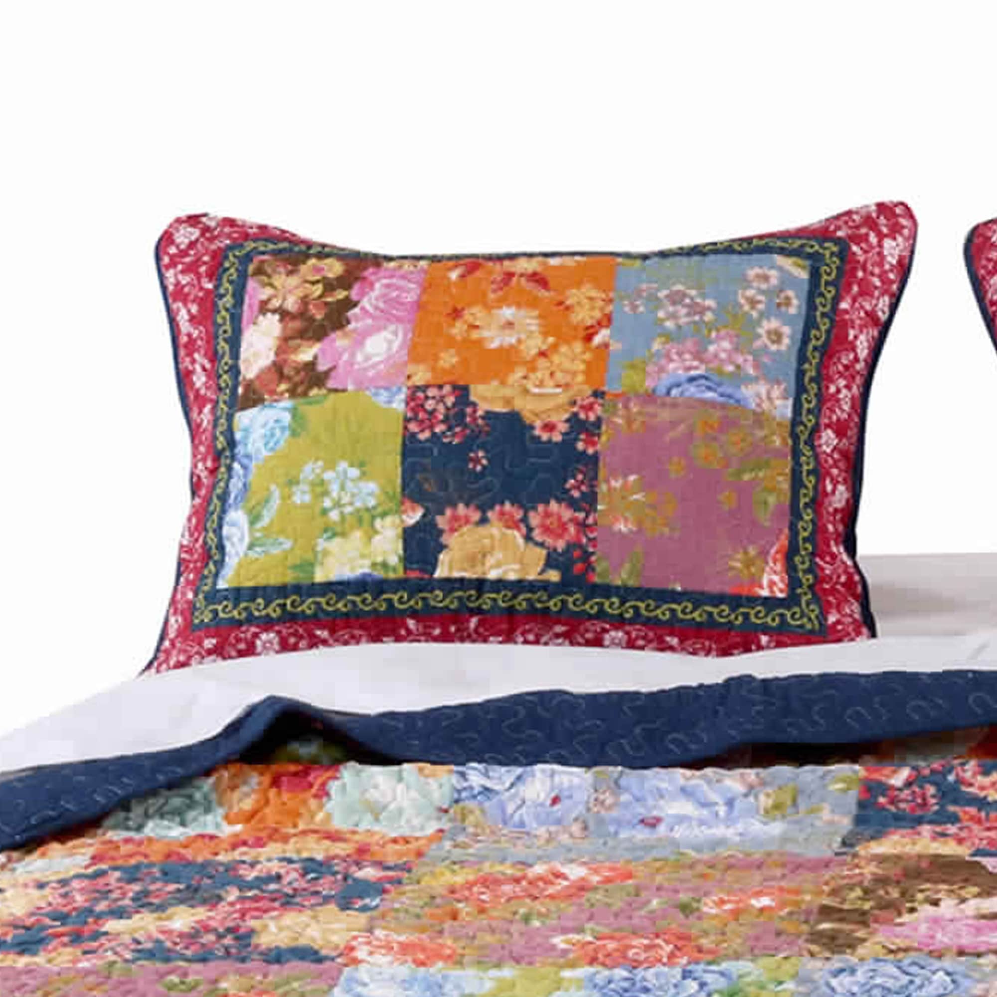 Shop Polyester King Size Quilted Pillow Sham With Floral Patchwork Multicolor Overstock 31763378