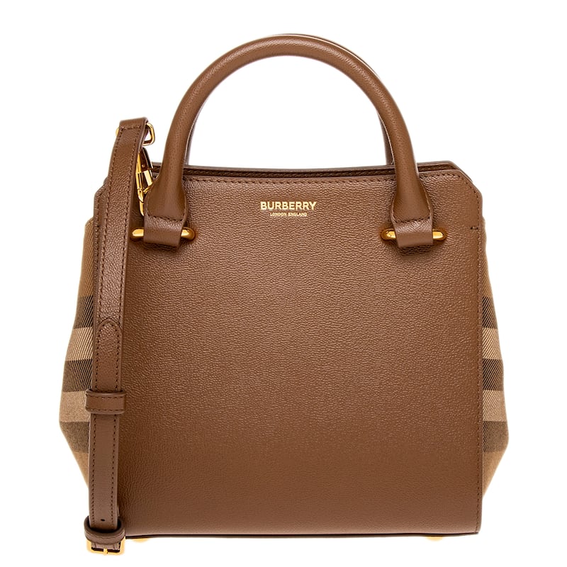 Burberry Mini Banwell House Check and Leather Tote Bag - Earth and Multicolor