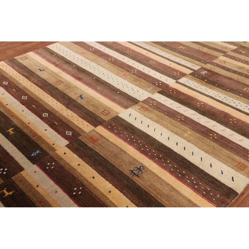 Striped Gabbeh Oriental Area Rug Hand-Knotted Brown Wool Carpet - 6'9" x 9'11"