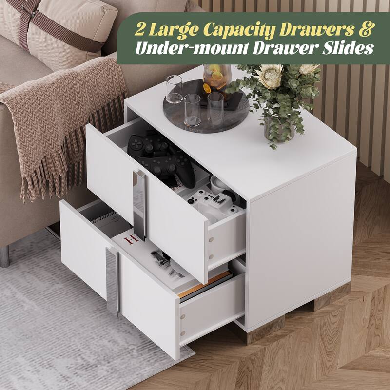 Modern End Table with Drawers, Elegant Nightstand with Metal Foot,Wood Bedside Table with Mirrored Metal Handles