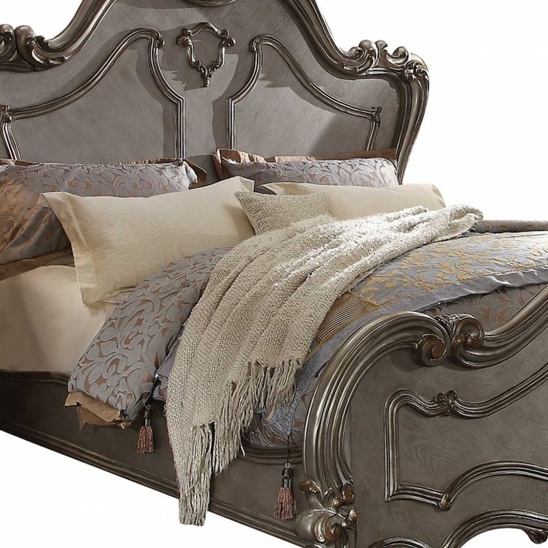 HomeRoots Gray Carved Scrollwork Wood Queen Bed Frame