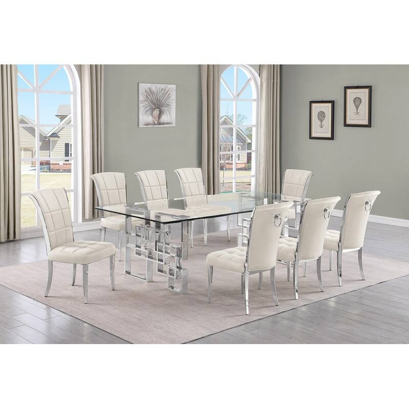 Best Quality Furniture D223/4-SC320-7 Dining Set with 95" 15mm Glass - 9-Piece - Cream / Silver
