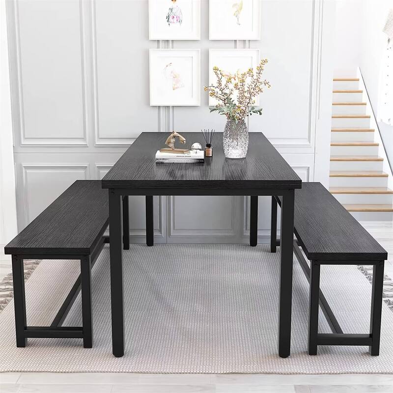 Industrial 3-Piece Dining Table Set, Retro Wood Kitchen Table Set with 2 Benches for Home Kitchen, Dining Room, Restaurant