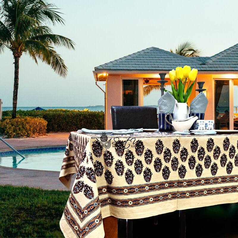 Earthy Spiral Floral Block Print Cotton Tablecloth Collection