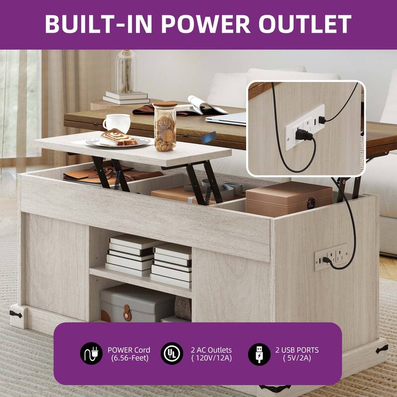 Moasis Farmhouse Lift-Top Coffee Table with Power Outlets, Center Dining Table with Hidden Storage