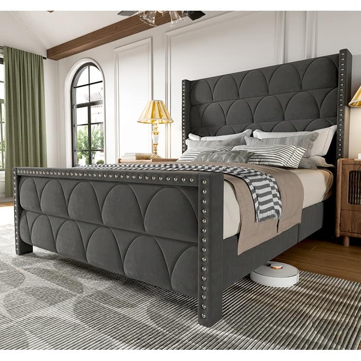 Hansabenne Solid Wood Bed Frame Queen and King Platform Bed Frame with Headboard White and Gray