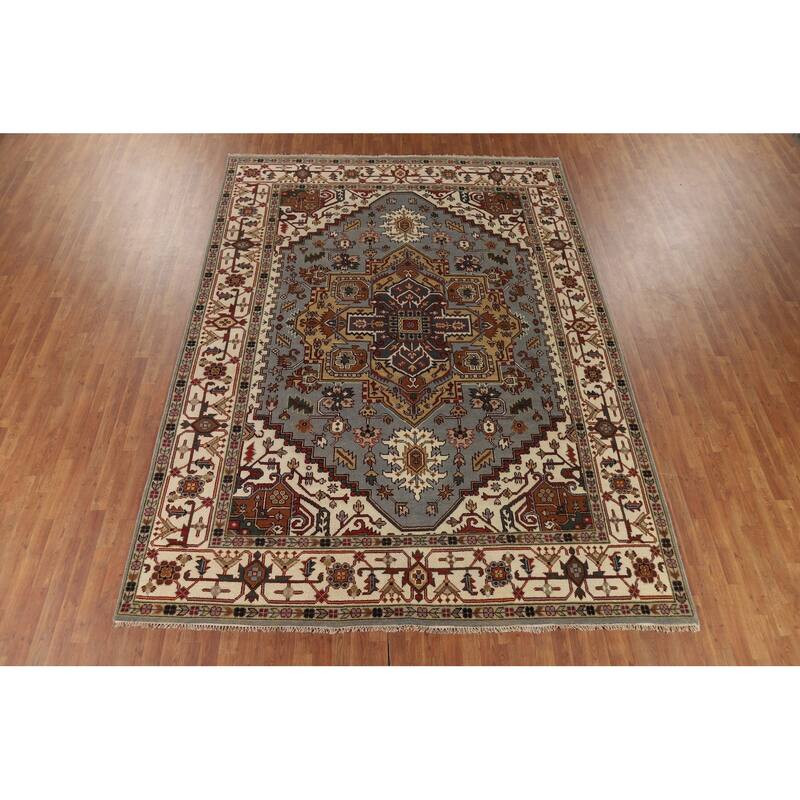 Heriz Serapi Indian Area Rug Handmade Grey Wool Carpet - 8'11" x 11'9"