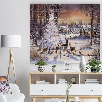 Designart 'Christmas Woods with Deer, Buck and Owl' Print on Natural Pine Wood - White
