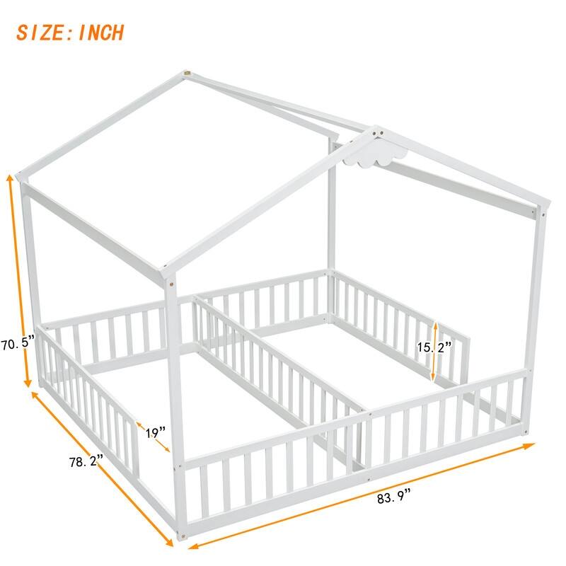 House-Style Double Twin Size Floor Bed with Fence, Guardrails, without Door