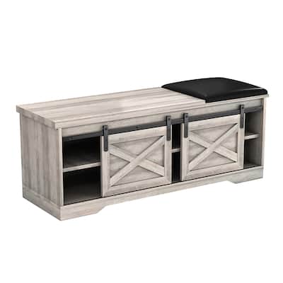 Entryway Shoe Bench With Sliding Door Cushion Adjustable Shelf Large Storage Space Shoe Rack Storage Organizer