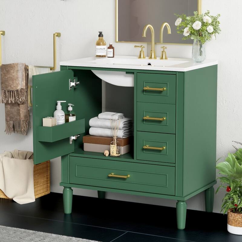 30" Ceramic Sink Bathroom Vanity with Gold Handles, Soft-Close Storage & Space-Saving Design