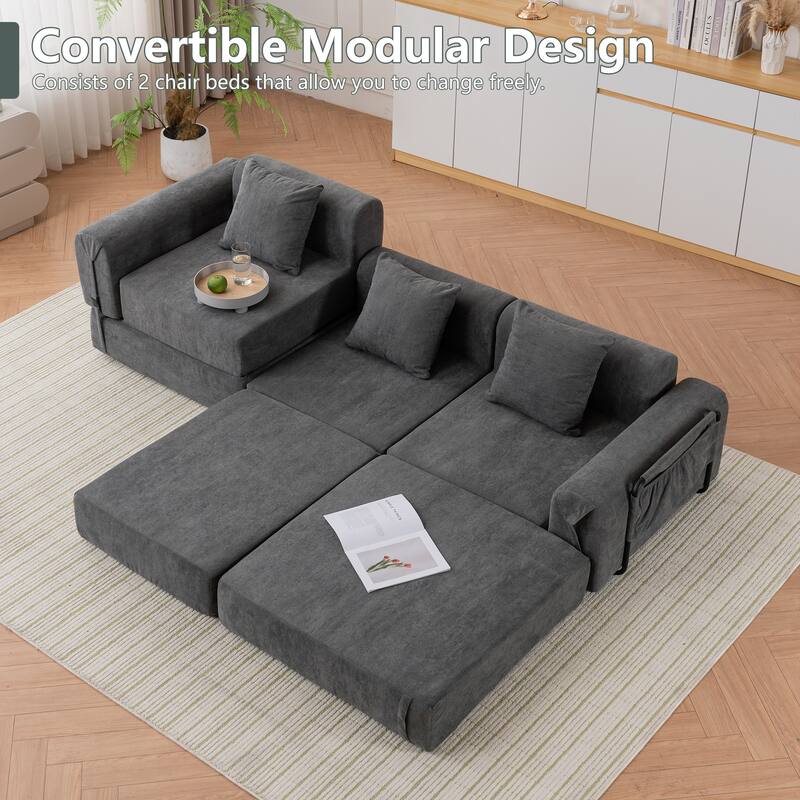 Folding Recliner Sofa 3-seater Straight Row Sectional Sofa Convertible Sleeper Sofa Bed, Fold Out Floor Couch Modular Sofa - Gray