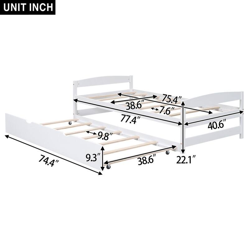 Wooden Twin Size Platform Bed with Twin Size Trundle