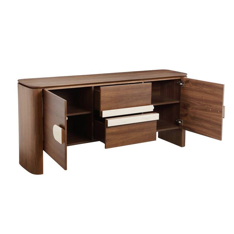 Spruce & Spring Modern Walnut Sideboard with Travertine Accent Handle, Minimalist Storage Console