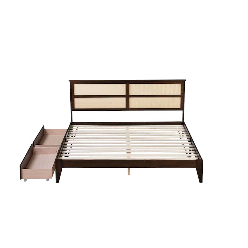 Queen Platform Bed with Rattan Headboard, 2 Drawers, Solid Rubber Wood Frame