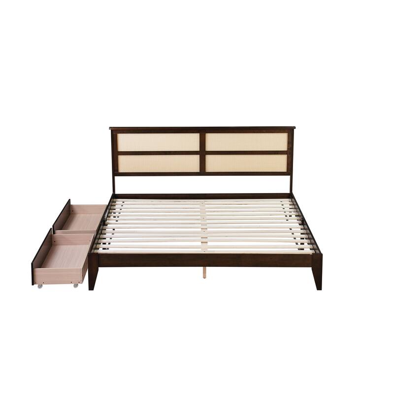 Wood Platform Bed Frame with Rattan Design Headboard/2 Under-Bed Storage Drawers/Reinforced Support Slats/No Box Spring Needed