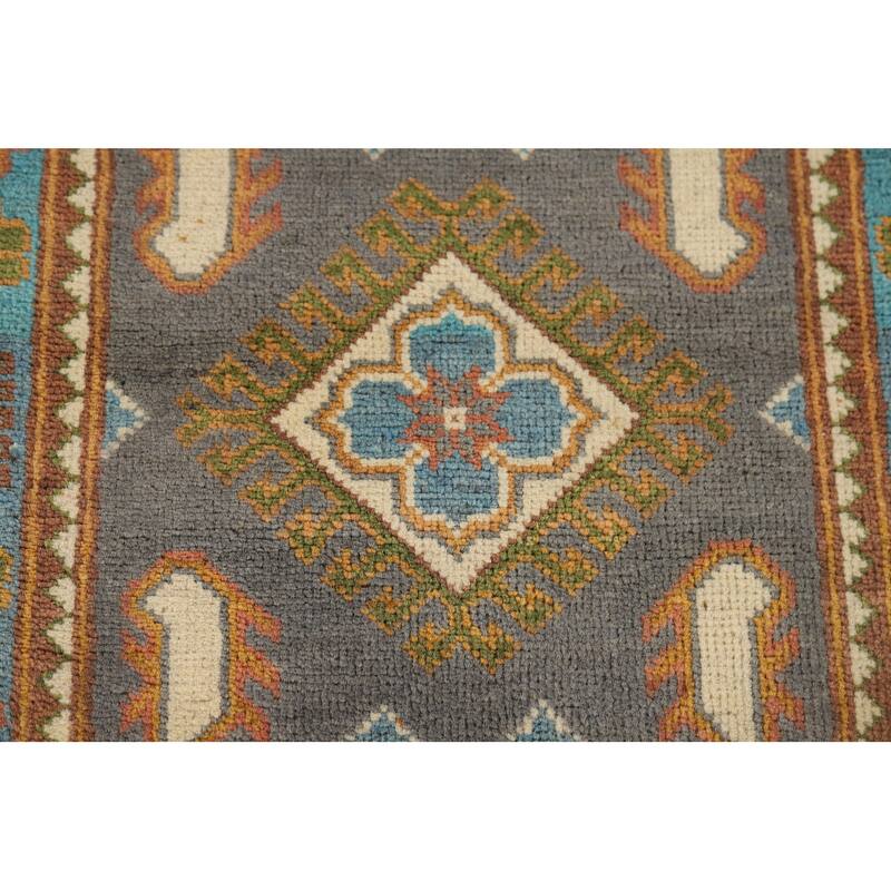 Gray Geometric Kazak Oriental Runner Rug Handmade Grey Wool Carpet - 2'1" x 10'1"