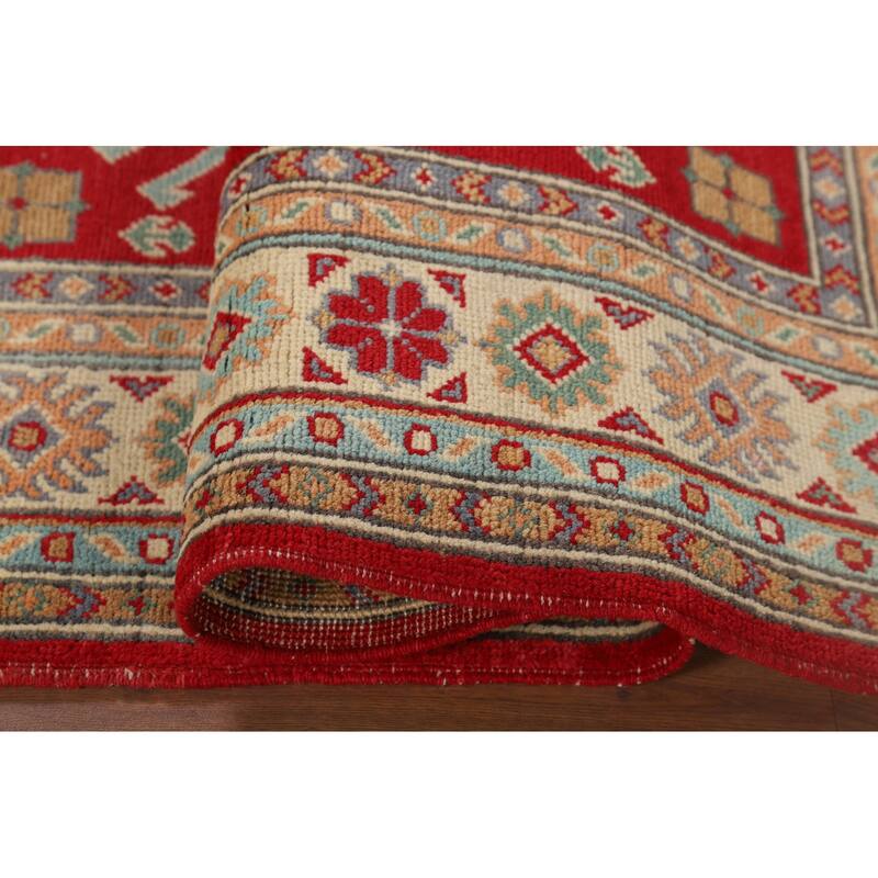 Kazak Accent Rug Handmade Geometric Red Wool Carpet - 3'5" x 4'11"