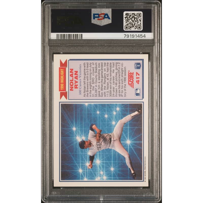 Nolan Ryan 1991 Score Baseball Card #417 Graded PSA 10 - 8'6" x 11'6"