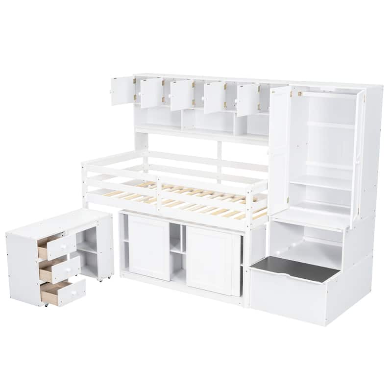 Wooden Loft Bed with Integrated Wardrobe, Under-bed Desk, Drawers, with Shelves