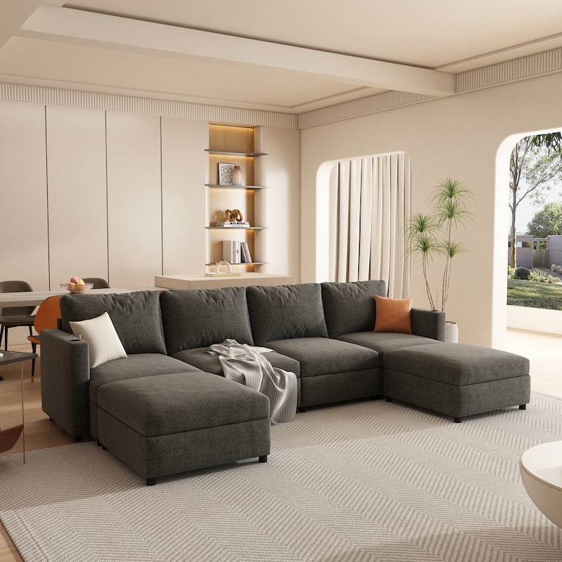 Christopher Knight Home - Stellar Modular U-Shaped Sectional Sofa Bed with Storage, 6 Seats, Ottoman, and Chenille Fabric
