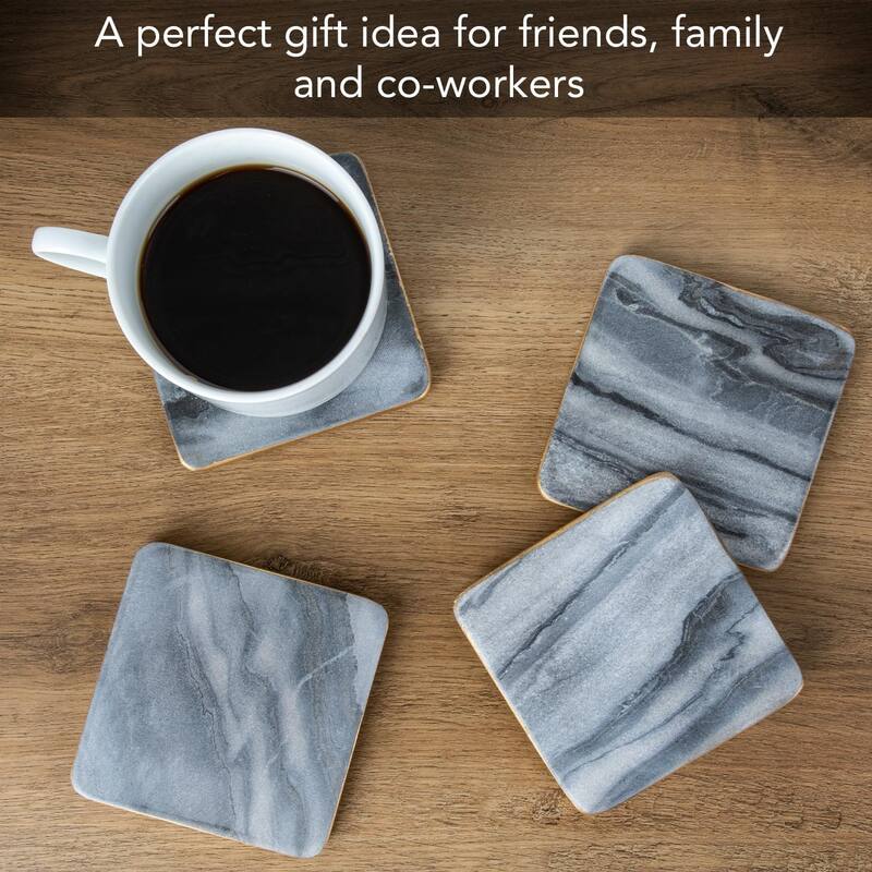 Natural Gray Marble 4 Pack Coasters with Gold Edge 4" Square Elegant, Heat Tolerant, Water Repellant