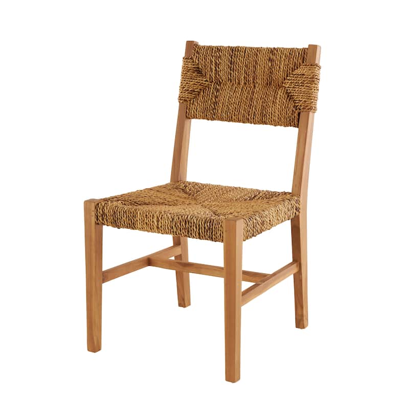 Light Brown Teak Wood Handmade Living Room Accent Chair with Woven Banana Leaf Seat (Set of 2)