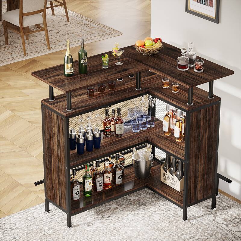 Industrial Home Bar Unit 3-Tier Bar Table with Wine Rack