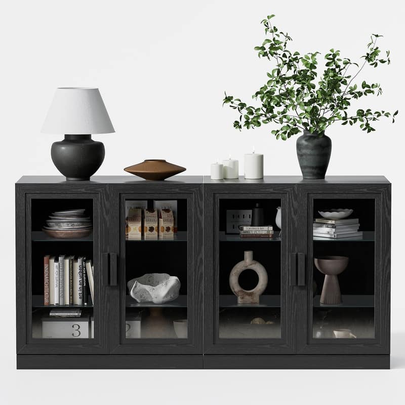 Large Sideboard Buffet Cabinet with 4 Glass Doors 2 Adjustable Shelves for Kitchen Living/Dinning Room Bedroom Entryway