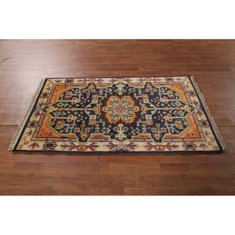 Blue Geometric Kazak Indian Accent Rug Handmade Wool Carpet - 2'11"x 5'0"