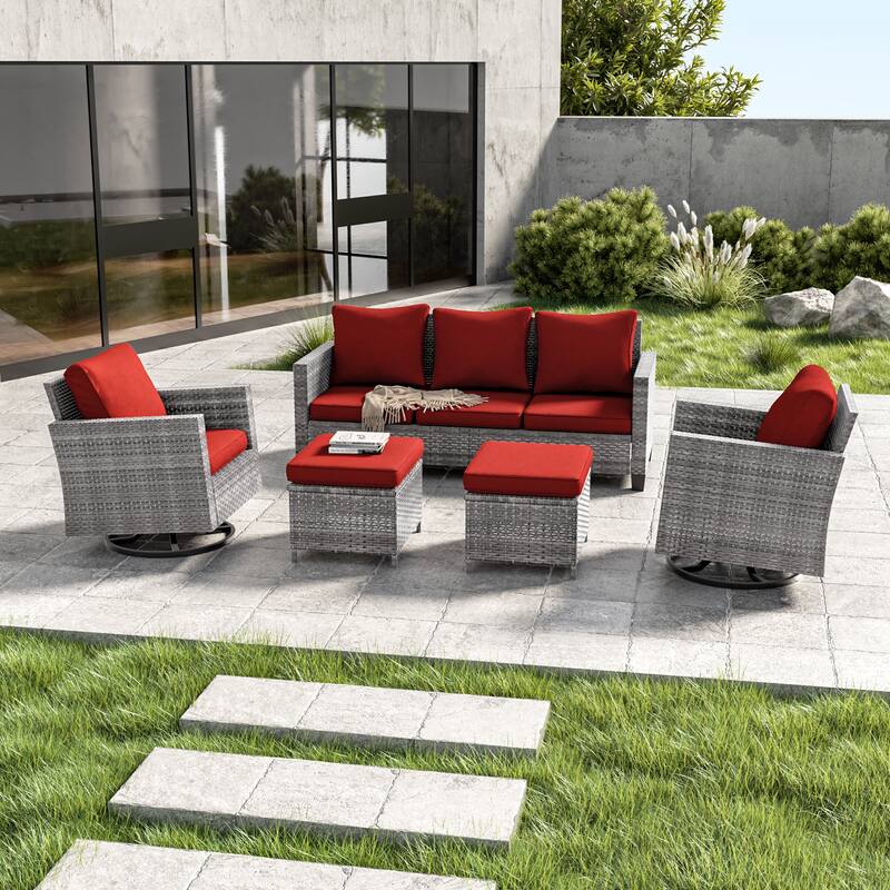 LIVOOSUN 5Pcs Patio Gray Rattan Outdoor Furniture Swivel Rocking Sofa Set - Red