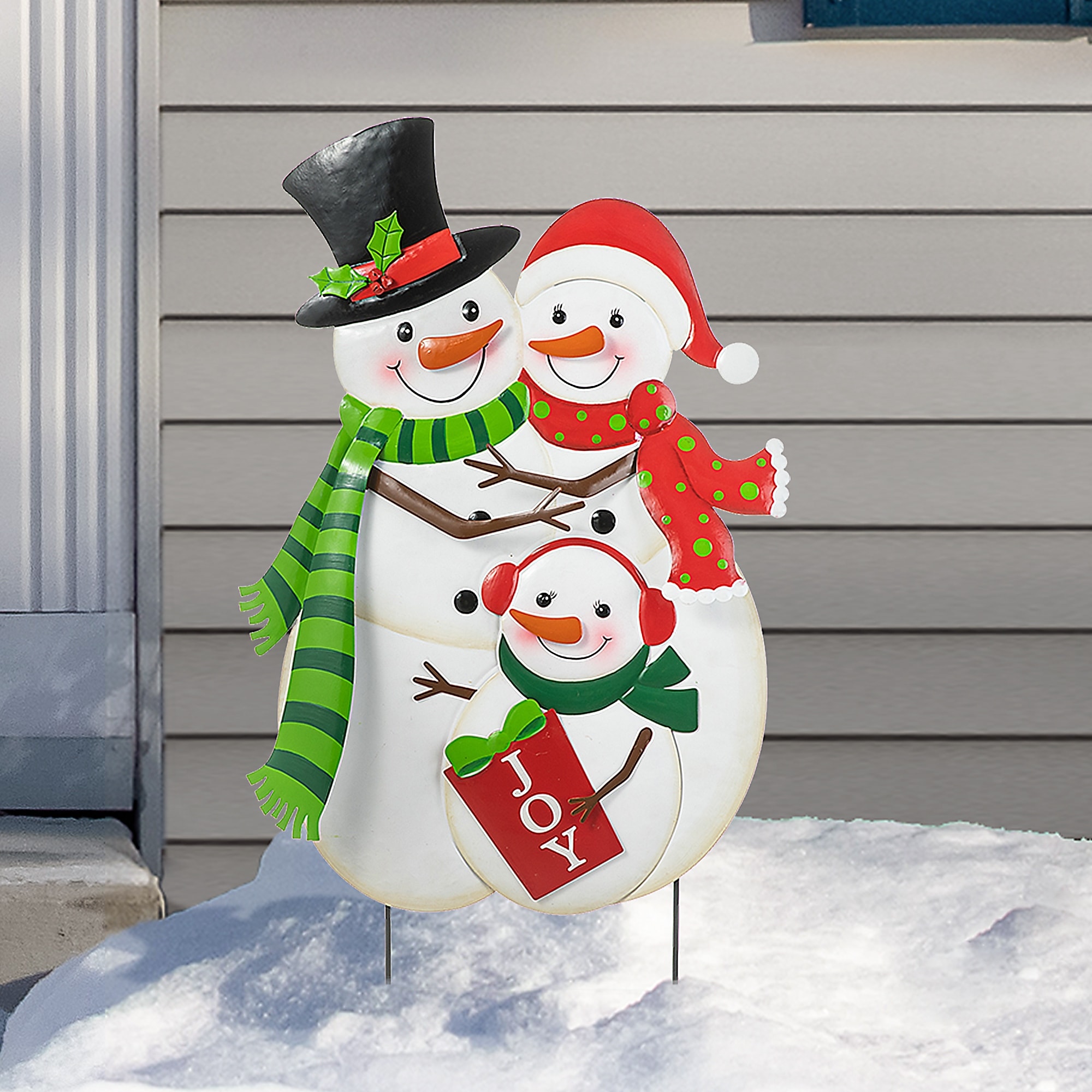 Glitzhome 30"H Christmas Metal Snowman Family Yard Stake Standing Hanging Decor