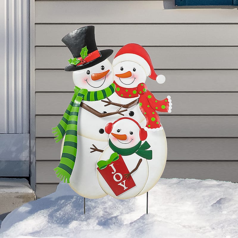 Glitzhome Metal Christmas Snowman Nutcracker Gnome Family Yard Stakes Wall Decor - "JOY" Snowman Family