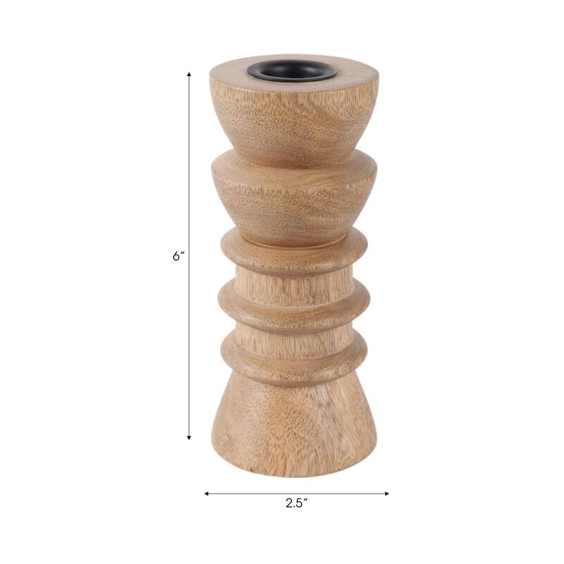 Mango Wood Modern Totem Carved Taper Holder - Tan