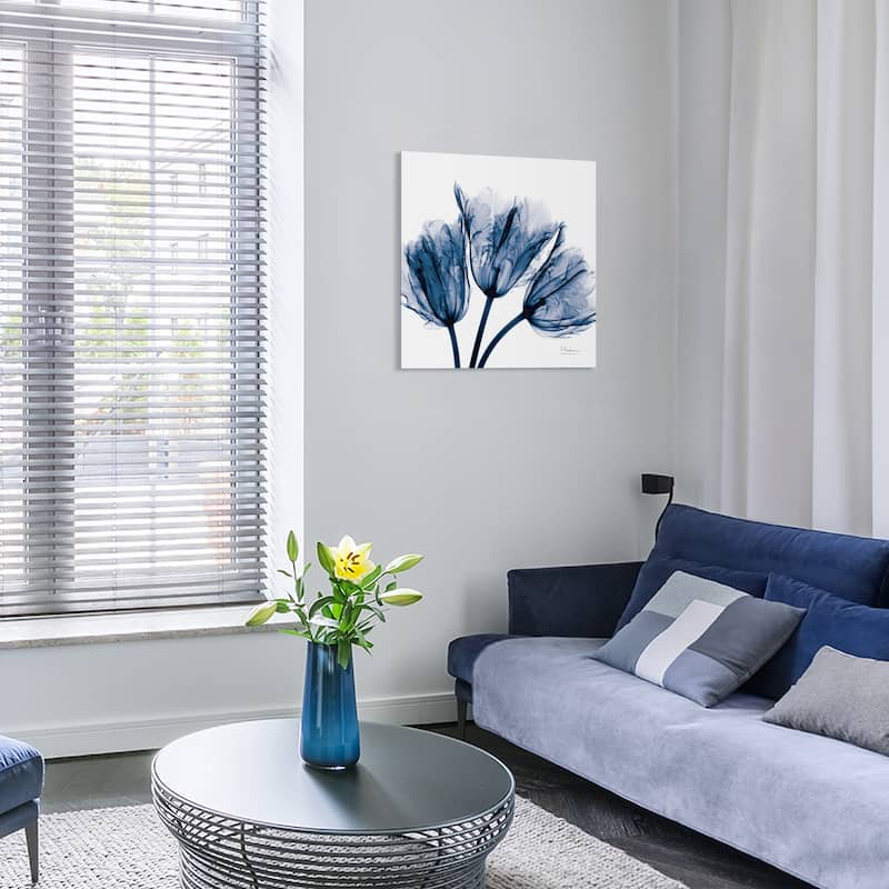 "Blue Tulip x-ray" Flower Wall Art on Frameless Free Floating Tempered Glass Panel