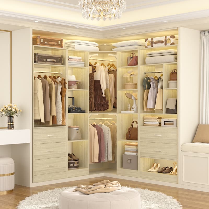 Kyrvo Corner Closet System with 5 Wooden Drawers & 12 Shelves, Freestanding Closet Organizer System for Walk-in/Reach-in Closet - White Oak