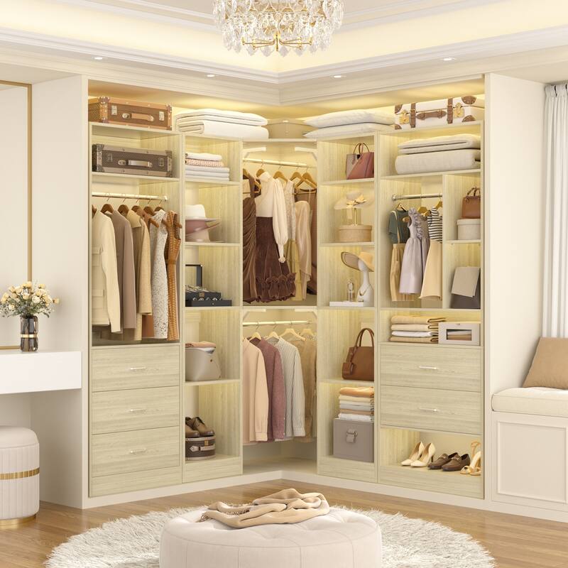 Kyrvo Corner Closet System with 5 Wooden Drawers & 12 Shelves, Freestanding Walk-in Closet Organizer for Walk-in/Reach-in Closet