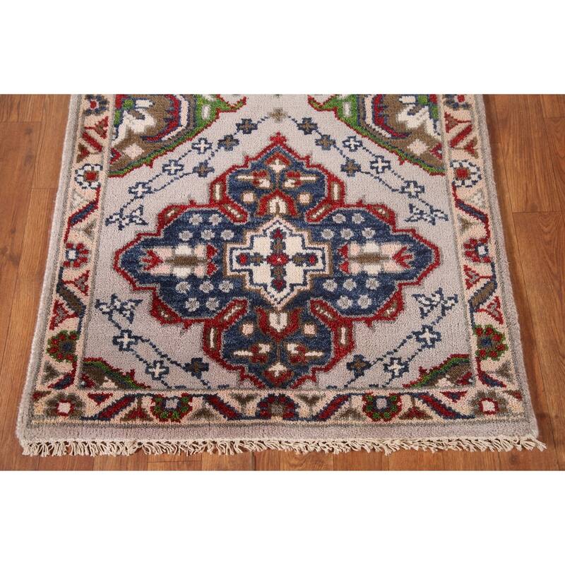 Geometric Grey Kazak Runner Rug Hand-Knotted Oriental Wool Carpet - 2'7"x 9'10"