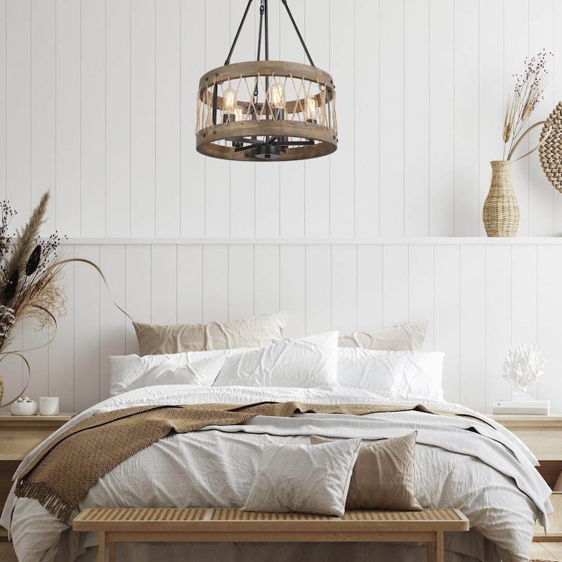 Farmhouse 5-Light Wood Drum Rustic Chandelier for Dining Room Bedroom