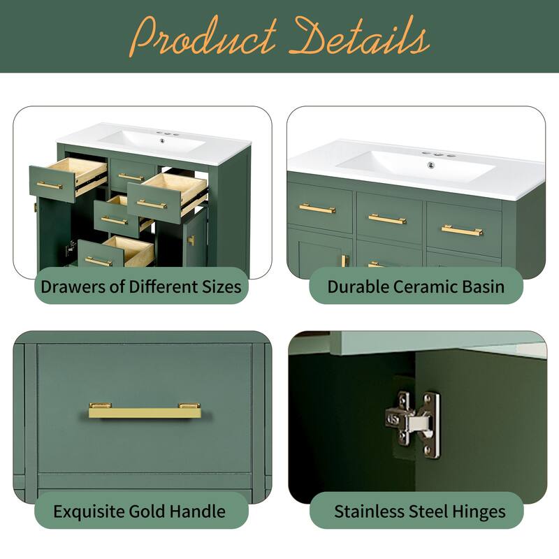 72" Bathroom Vanity with Ceramic Sink, Freestanding Double Cabinet with 8 Drawers, Solid Wood Frame & Storage